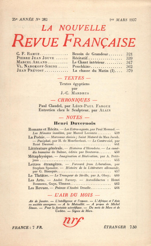 La Nouvelle Revue Française N° 282 (Mars 1937)