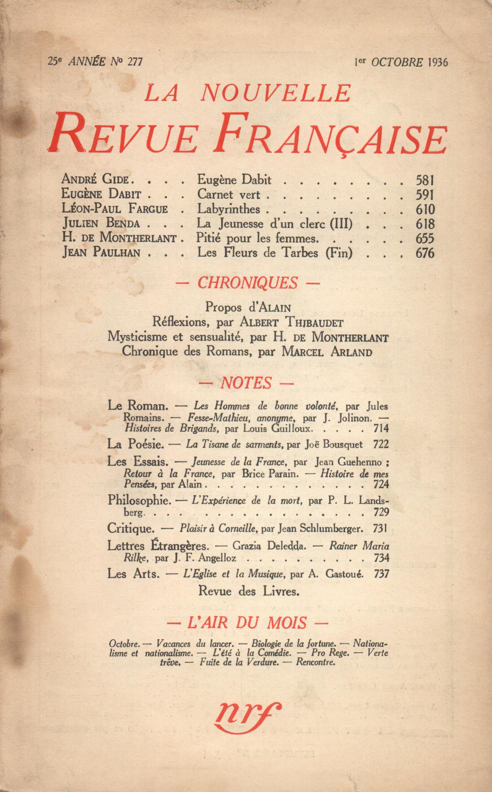 La Nouvelle Revue Française N° 277 (Octobre 1936)