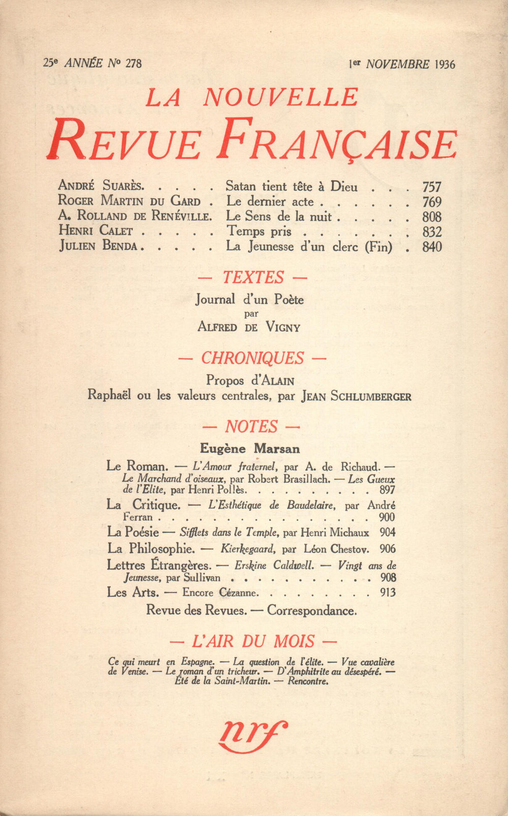 La Nouvelle Revue Française N° 278 (Novembre 1936)