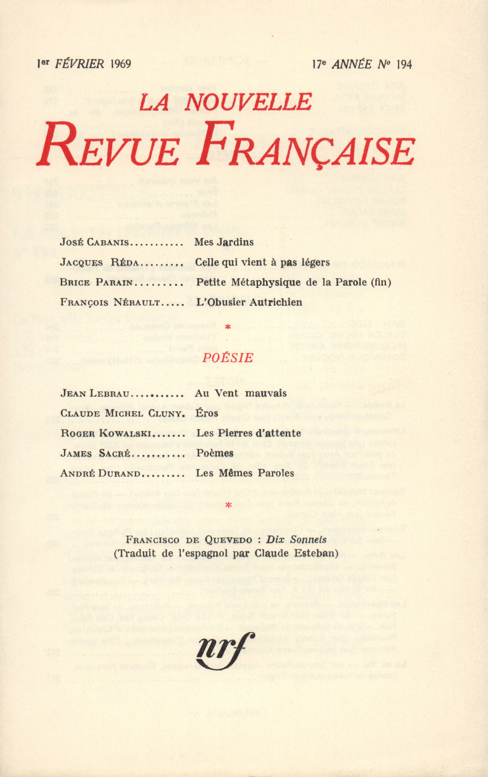 La Nouvelle Revue Française n° 194 (Février 1969)