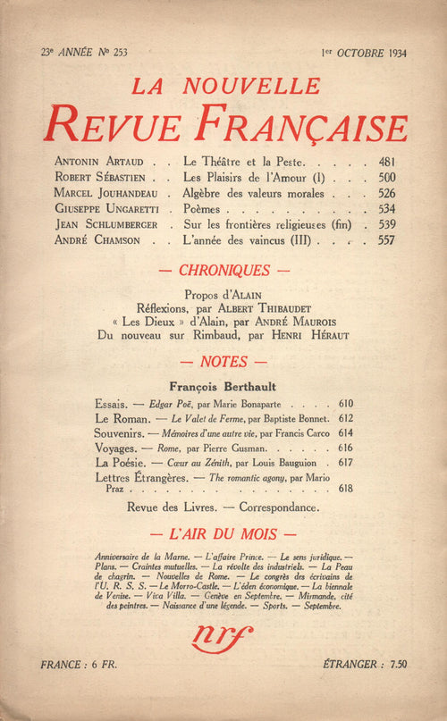 La Nouvelle Revue Française N° 253 (Octobre 1934)