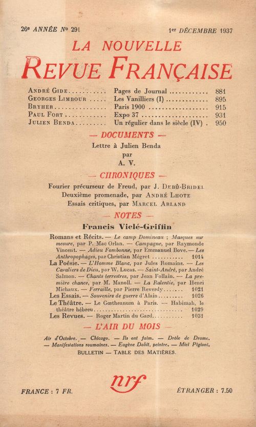 La Nouvelle Revue Française N° 291 (Décembre 1937)