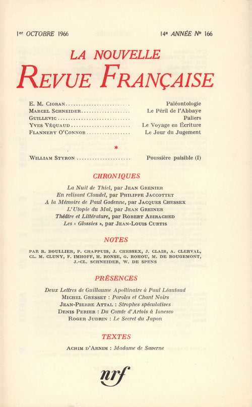 La Nouvelle Revue Française N' 166 (Octobre 1966)