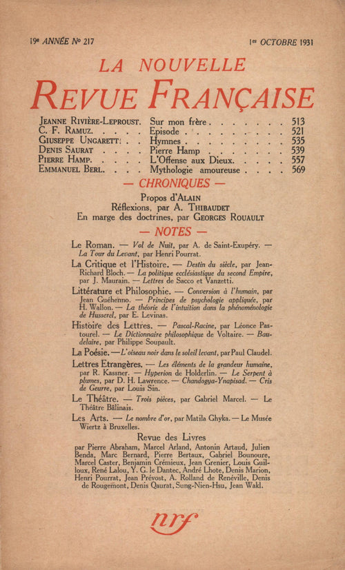 La Nouvelle Revue Française N' 217 (Octobre 1931)