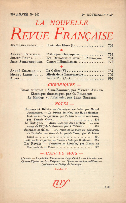 La Nouvelle Revue Française N' 302 (Novembre 1938)