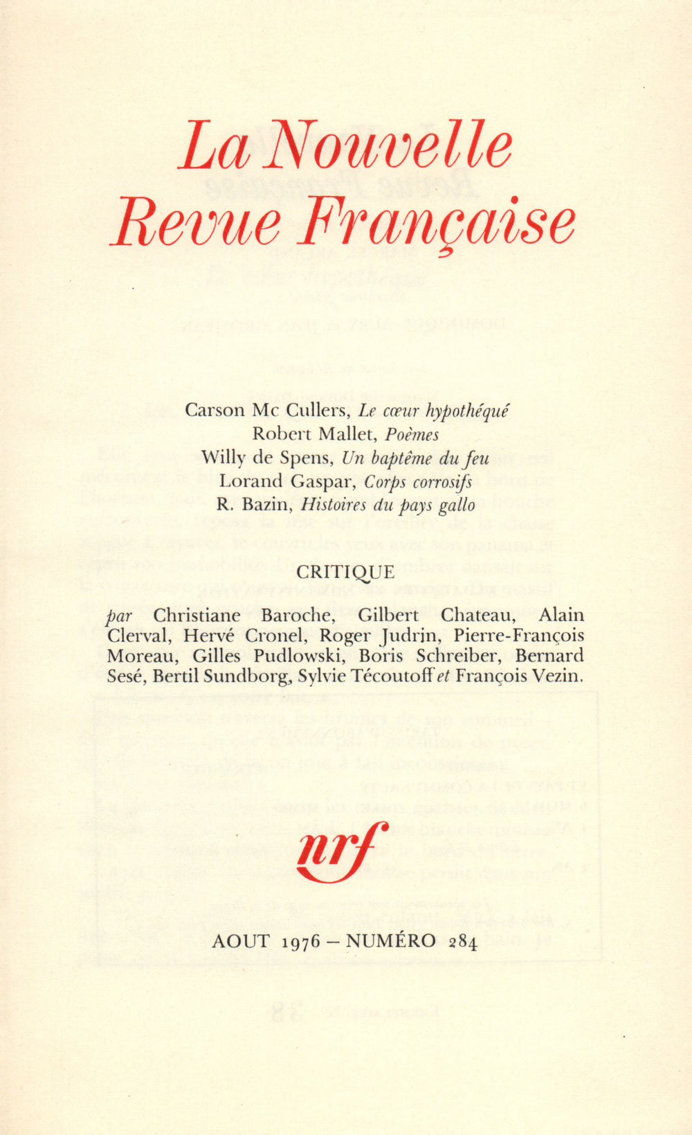 La Nouvelle Revue Française N° 284