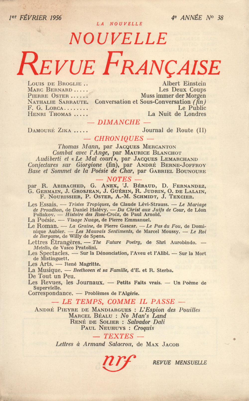 La Nouvelle Nouvelle Revue Française N' 38 (Février 1956)