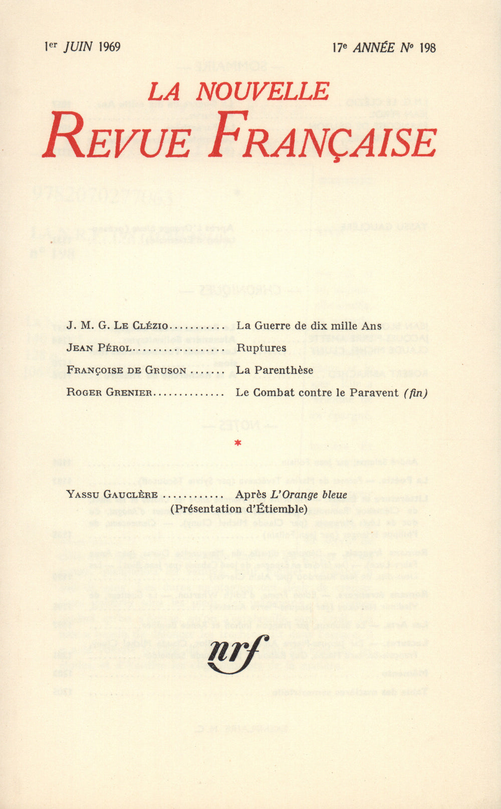 La Nouvelle Revue Française n° 198 (Juin 1969)