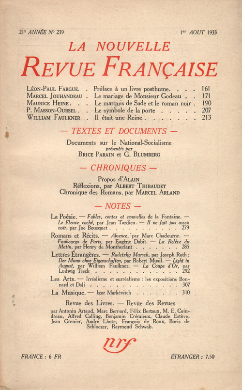 La Nouvelle Revue Française N° 239 (Aoűt 1933)