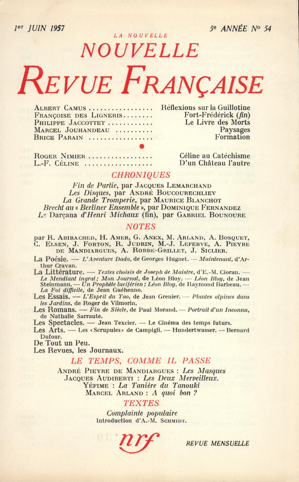 La Nouvelle Nouvelle Revue Française N' 54 (Juin 1957)