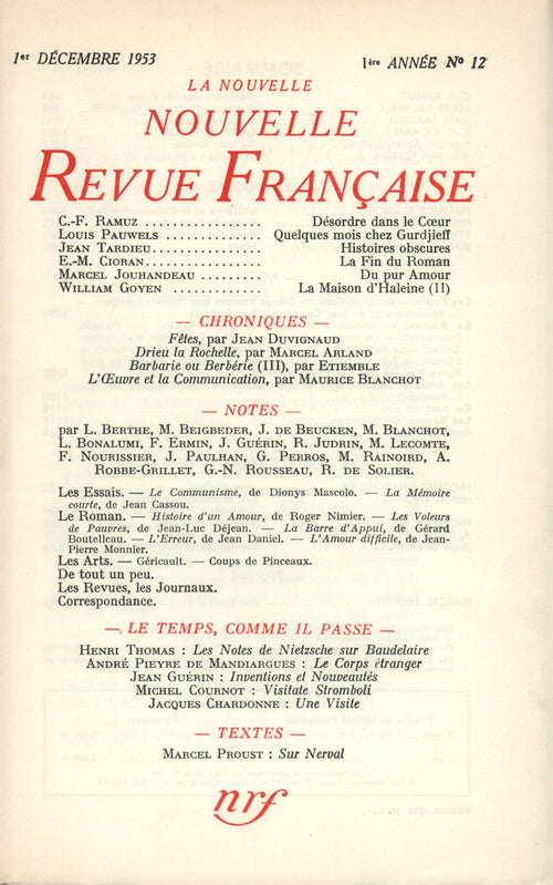 La Nouvelle Nouvelle Revue Française N' 12 (Décembre 1953)