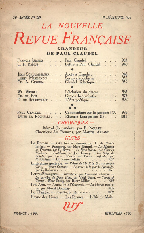 La Nouvelle Revue Française N° 279 (Décembre 1936)