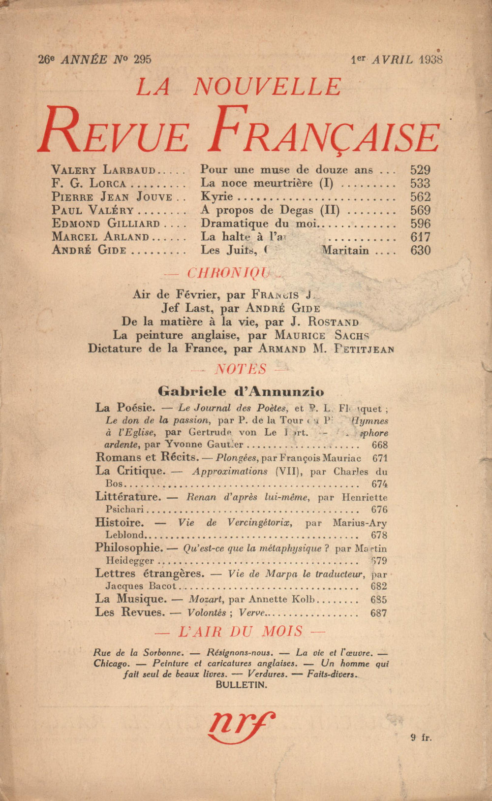 La Nouvelle Revue Française N° 295 (Avril 1938)