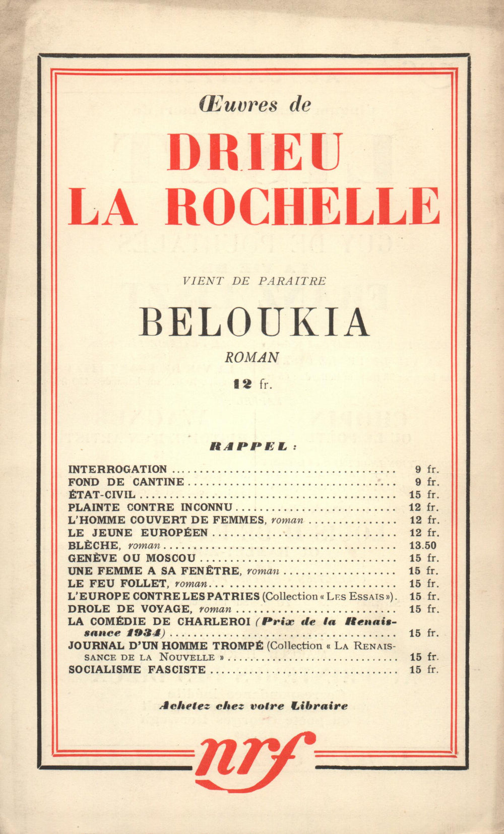 La Nouvelle Revue Française N° 275 (Aoűt 1936)