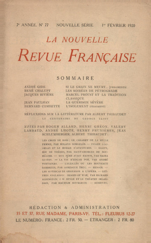 La Nouvelle Revue Française N' 77 (Février 1920)