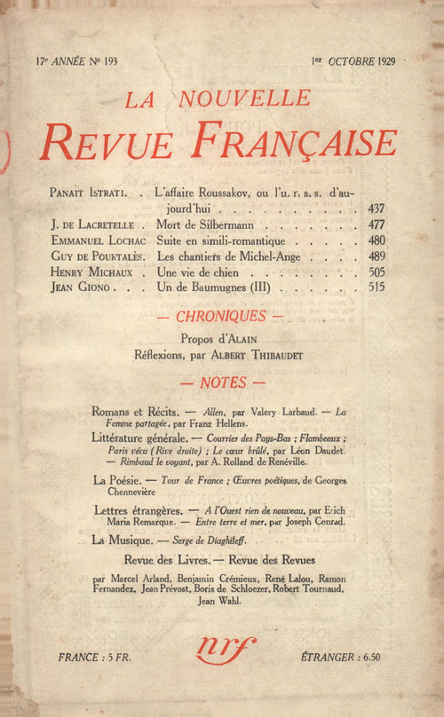 La Nouvelle Revue Française N' 193 (Octobre 1929)