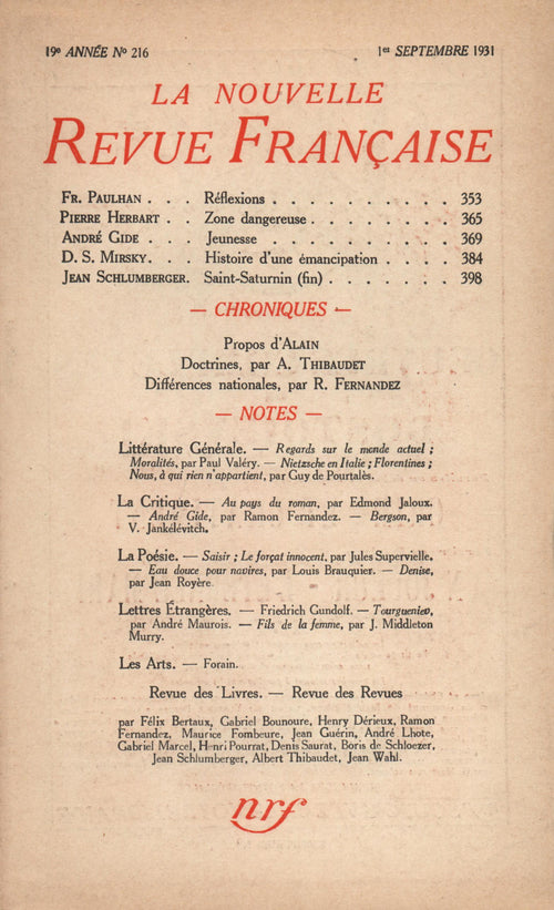 La Nouvelle Revue Française N' 216 (Septembre 1931)