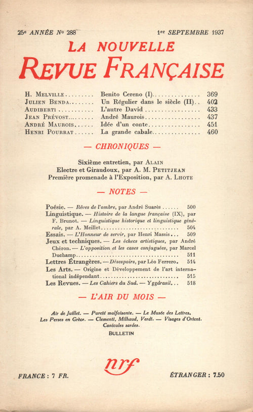 La Nouvelle Revue Française N° 288 (Septembre 1937)