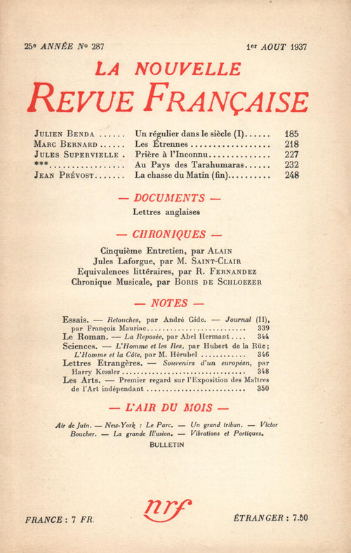 La Nouvelle Revue Française N° 287 (Aoűt 1937)