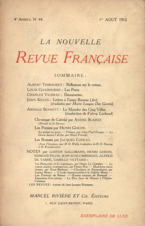 La Nouvelle Revue Française N' 44 (Aoűt 1912)