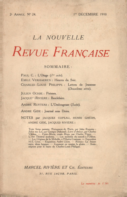 La Nouvelle Revue Française N' 24 (Décembre 1910)