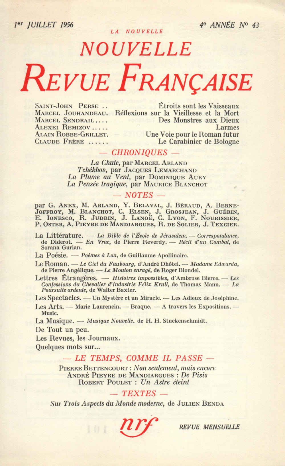 La Nouvelle Nouvelle Revue Française N' 43 (Juillet 1956)