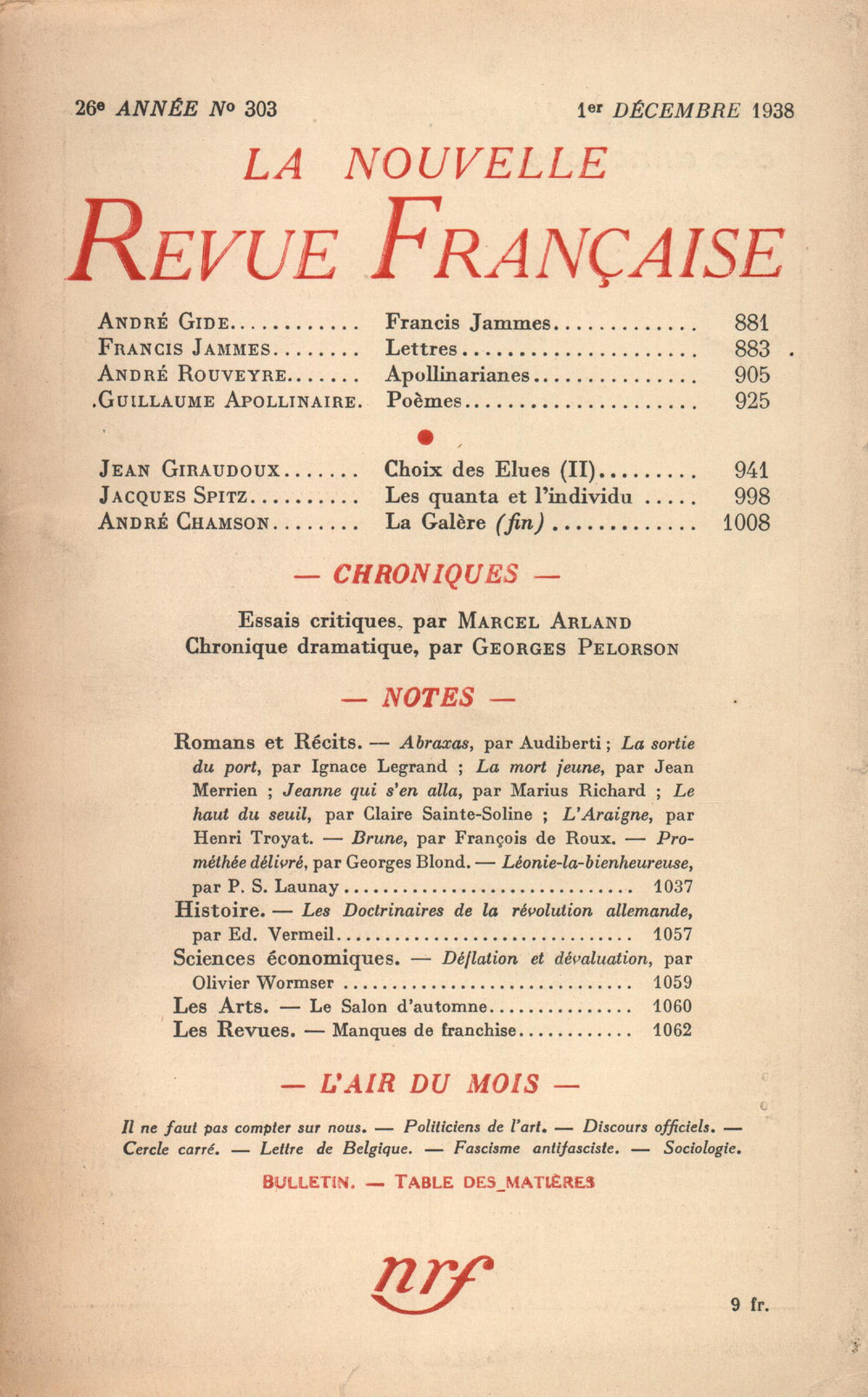 La Nouvelle Revue Française N' 303 (Décembre 1938)
