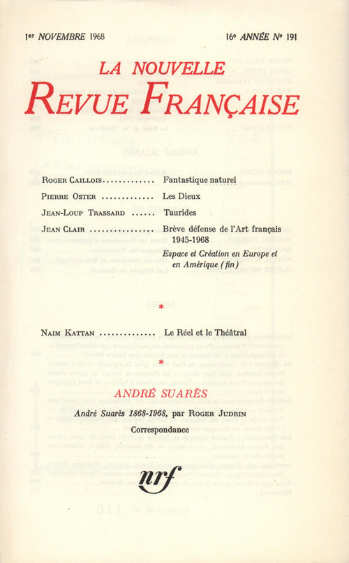 La Nouvelle Revue Française N' 191 (Novembre 1968)