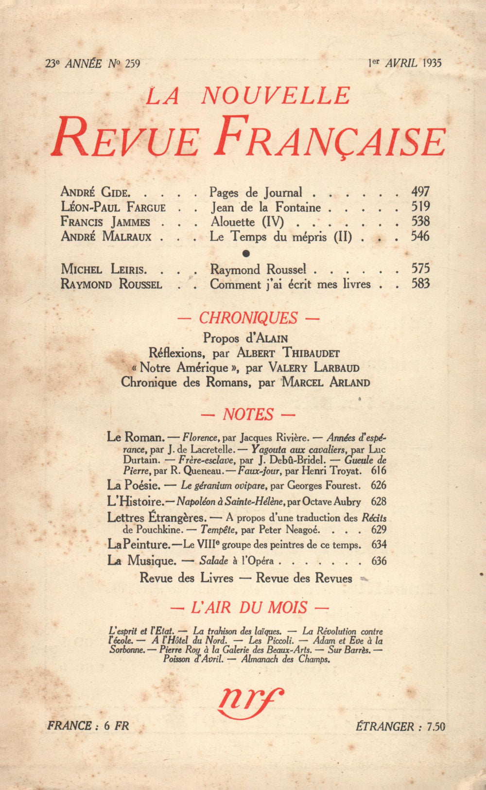 La Nouvelle Revue Française N° 259 (Avril 1935)