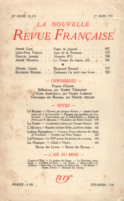 La Nouvelle Revue Française N° 259 (Avril 1935)