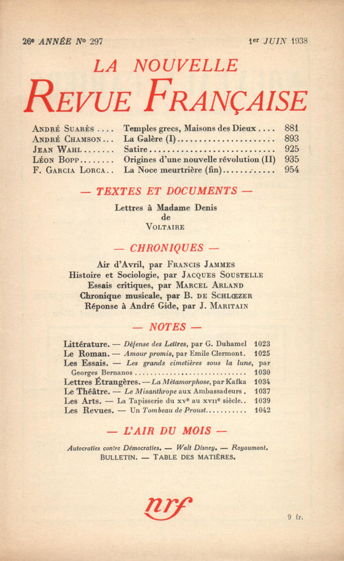 La Nouvelle Revue Française N° 297 (Juin 1938)