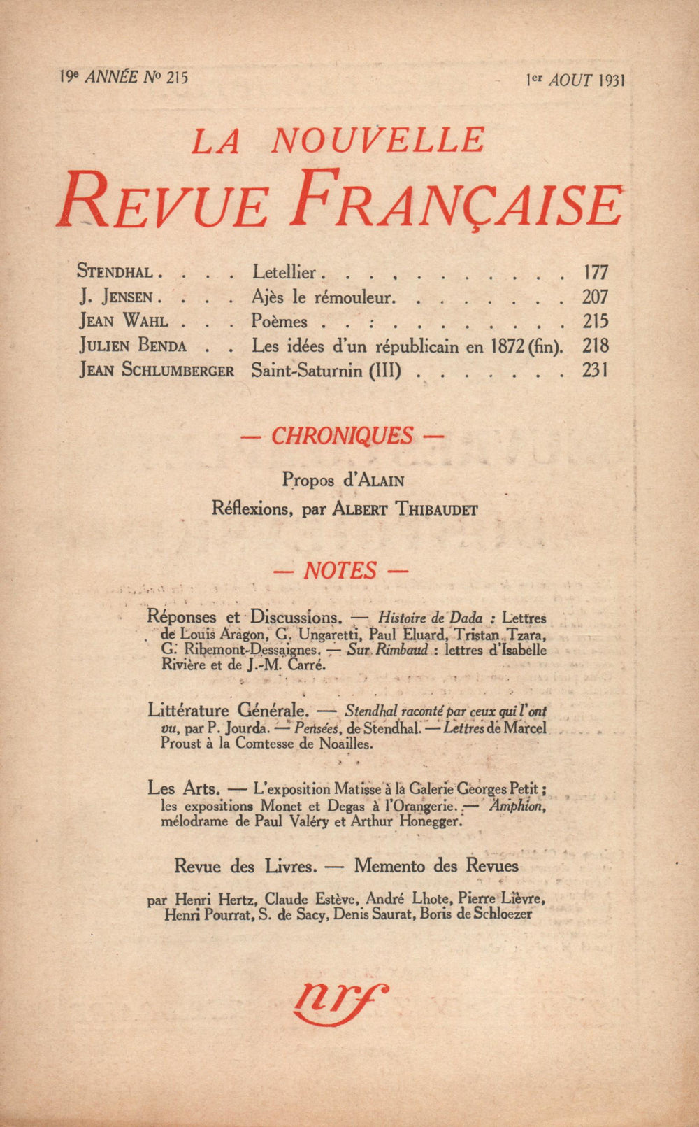 La Nouvelle Revue Française N' 215 (Aoűt 1931)