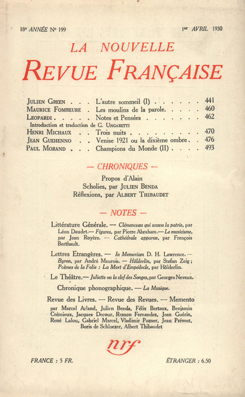 La Nouvelle Revue Française N' 199 (Avril 1930)