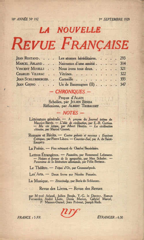 La Nouvelle Revue Française N' 192 (Septembre 1929)