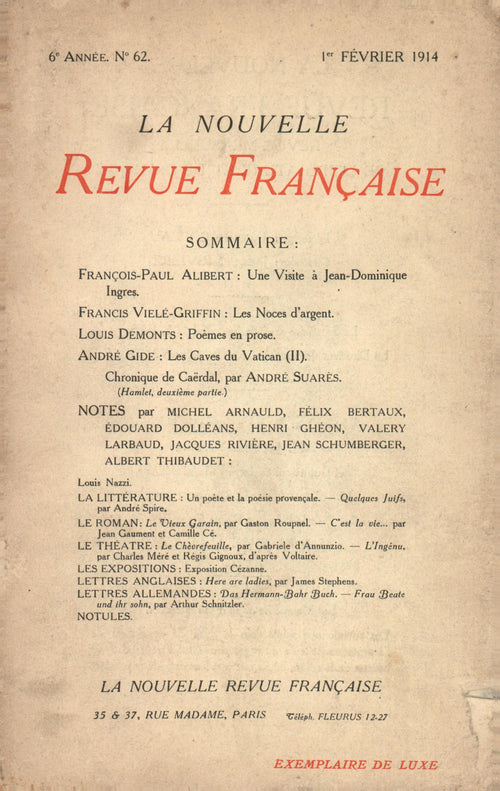 La Nouvelle Revue Française N' 62 (Février 1914)