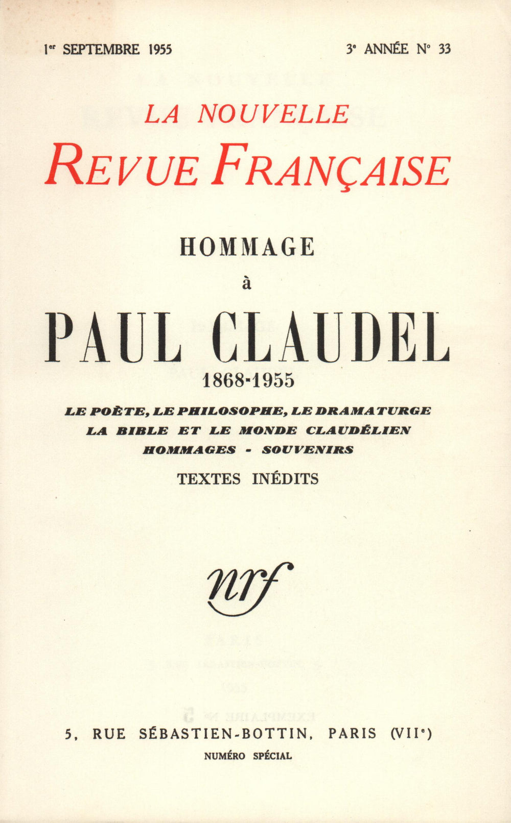 Hommage ŕ Paul Claudel N' 33 (Septembre 1955)