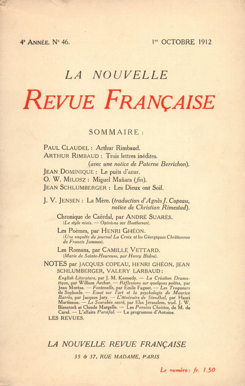 La Nouvelle Revue Française N' 46 (Octobre 1912)