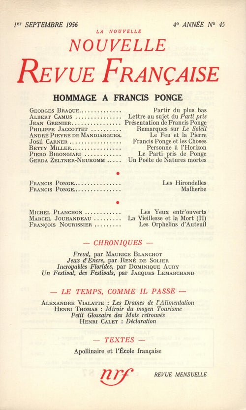 Hommage ŕ Francis Ponge N' 45 (Septembre 1956)