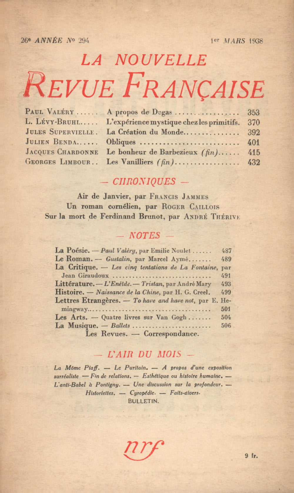 La Nouvelle Revue Française N° 294 (Mars 1938)