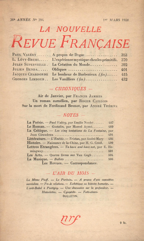 La Nouvelle Revue Française N° 294 (Mars 1938)