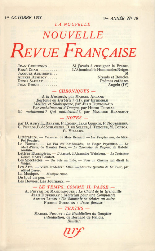 La Nouvelle Nouvelle Revue Française N' 10 (Octobre 1953)