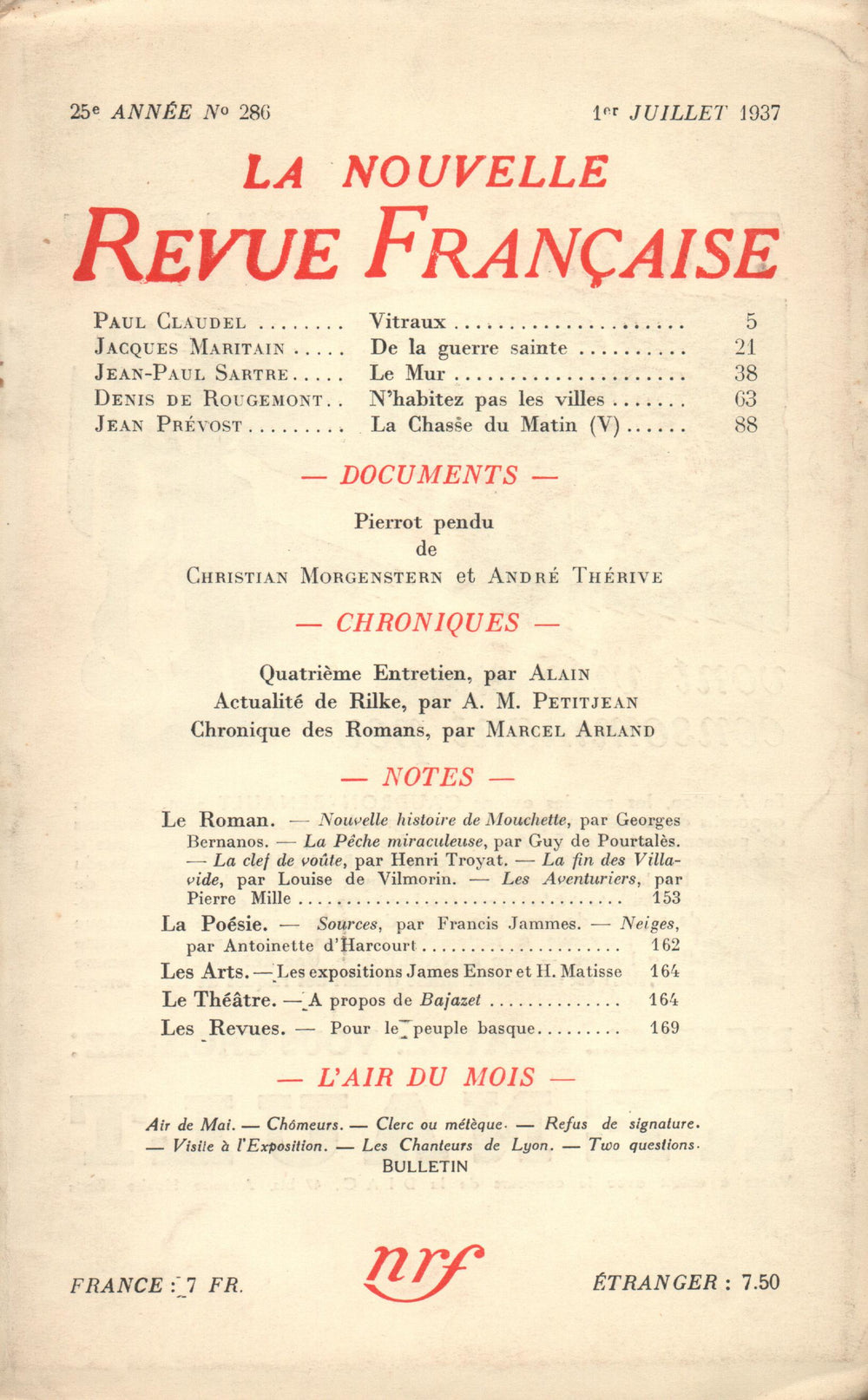 La Nouvelle Revue Française N° 286 (Juillet 1937)