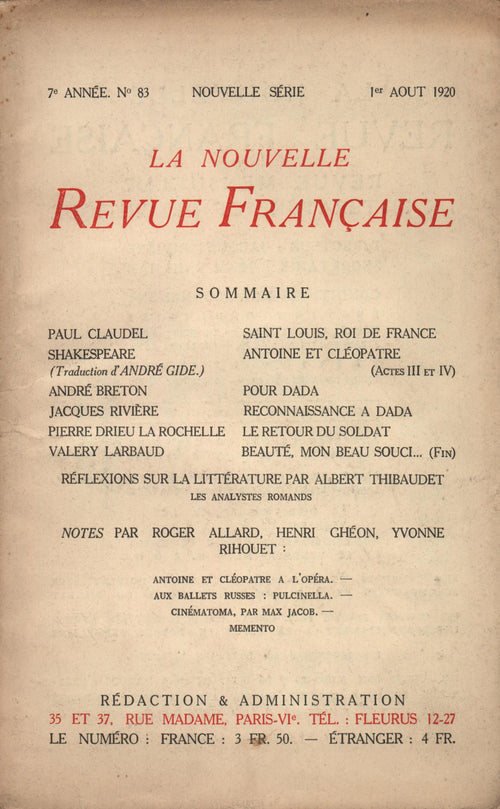 La Nouvelle Revue Française N' 83 (Aoűt 1920)