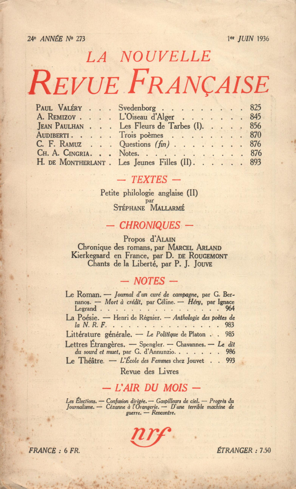 La Nouvelle Revue Française N° 273 (Juin 1936)