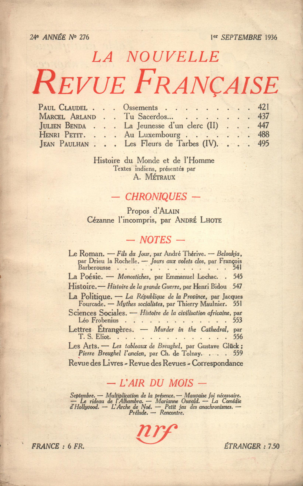 La Nouvelle Revue Française N° 276 (Septembre 1936)