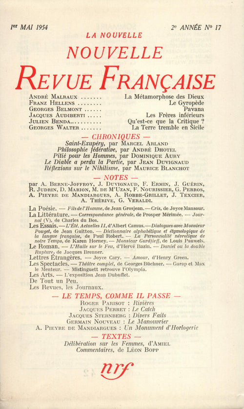 La Nouvelle Nouvelle Revue Française N' 17 (Mai 1954)