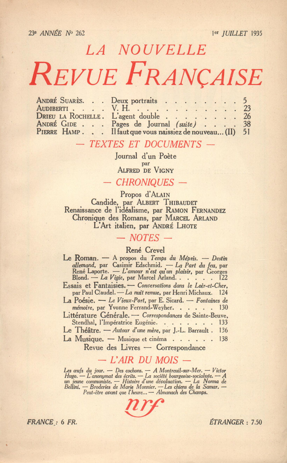 La Nouvelle Revue Française N° 262 (Juillet 1935)