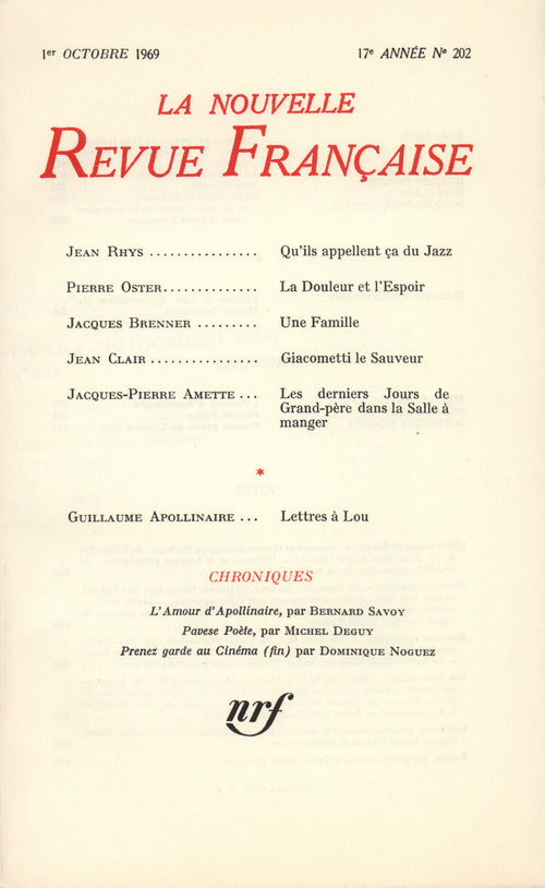 La Nouvelle Revue Française n° 202 (Octobre 1969)