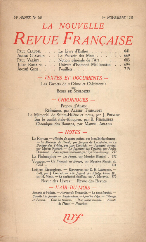 La Nouvelle Revue Française N° 266 (Novembre 1935)