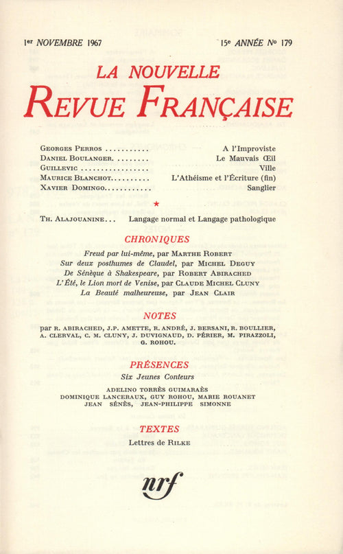 La Nouvelle Revue Française N' 179 (Novembre 1967)